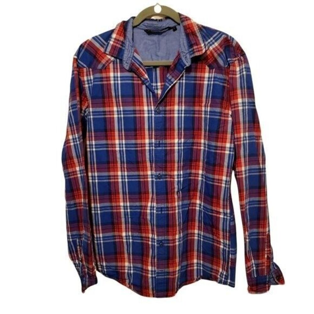 Tom Tailor Mens Sz L Red Blue Plaid Long Sleeve Button Down Shirt